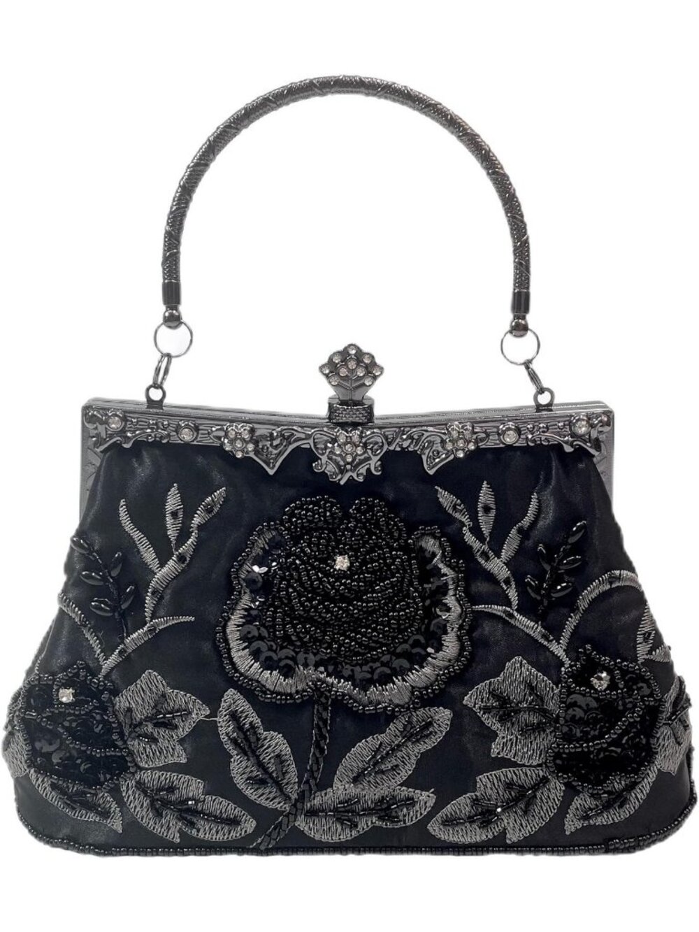 Womens Black Beaded Rose Sequin Kiss Lock Frame Top Handle Evening Bag Clutch